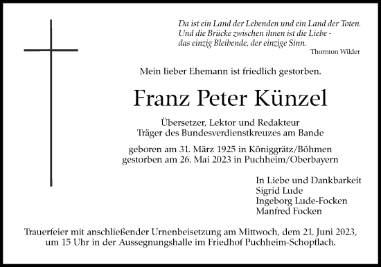 Traueranzeige von Franz Peter Künzel von Eßlinger Zeitung/Cannstatter Zeitung