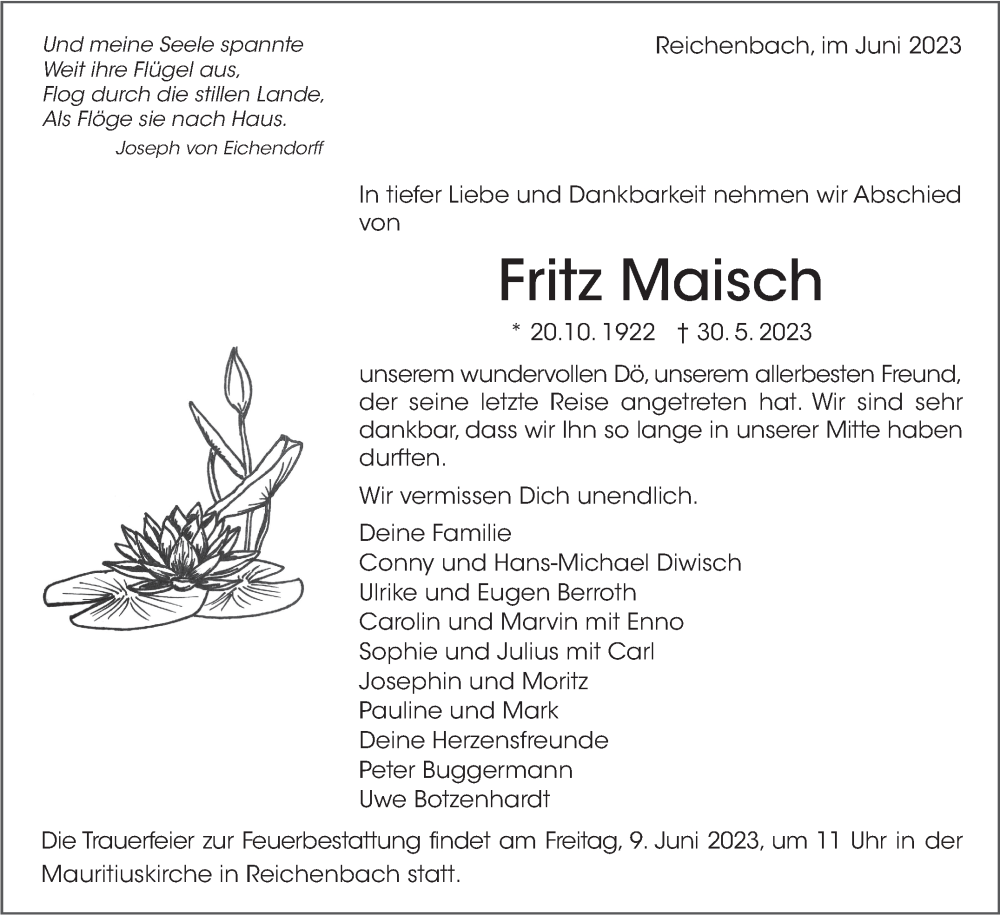  Traueranzeige für Fritz Maisch vom 05.06.2023 aus Eßlinger Zeitung/Cannstatter Zeitung