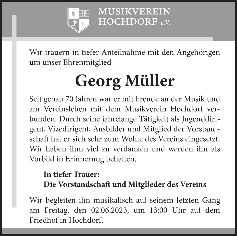  Traueranzeige für Georg Müller vom 01.06.2023 aus Eßlinger Zeitung/Cannstatter Zeitung
