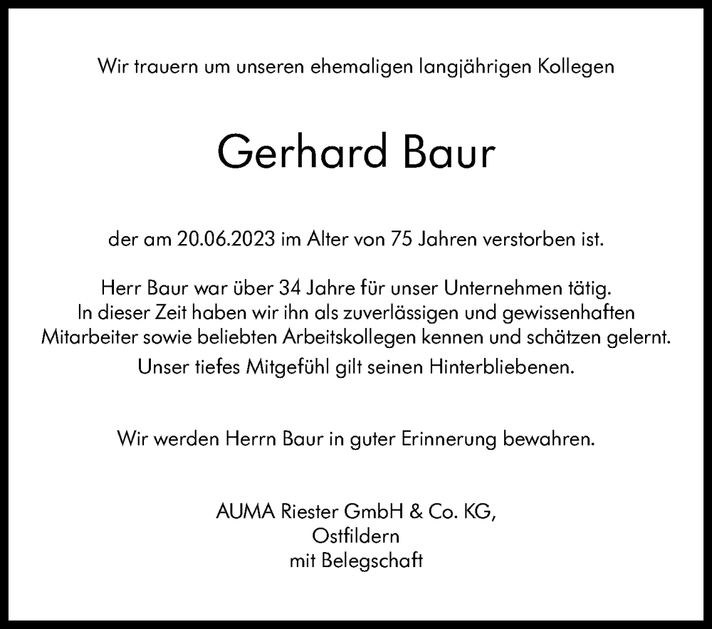  Traueranzeige für Gerhard Baur vom 29.06.2023 aus Eßlinger Zeitung/Cannstatter Zeitung