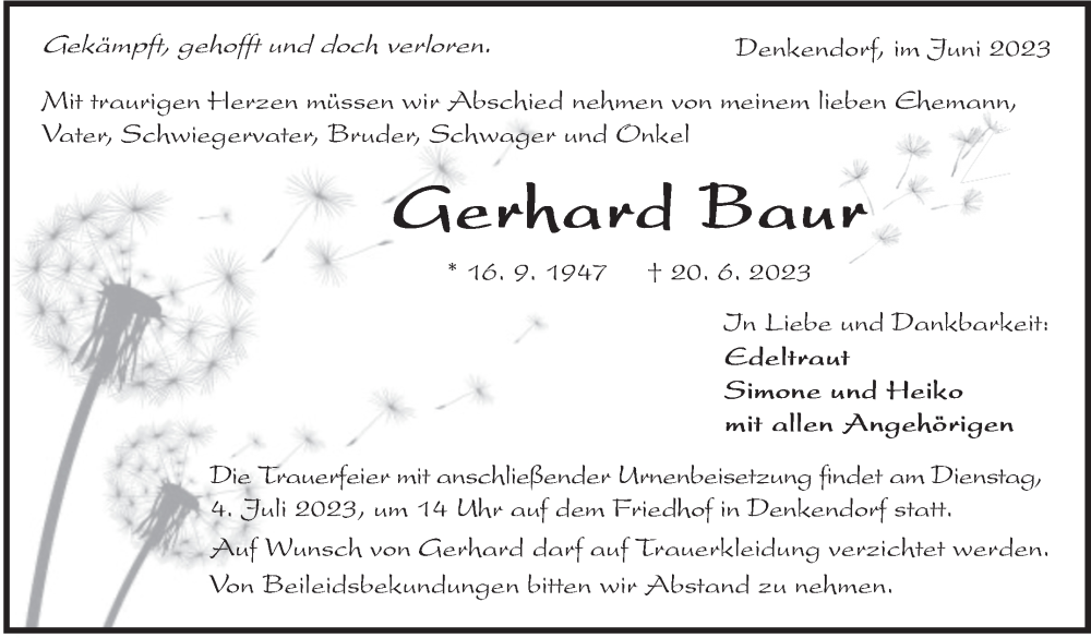  Traueranzeige für Gerhard Baur vom 27.06.2023 aus Eßlinger Zeitung/Cannstatter Zeitung