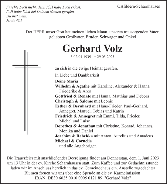 Traueranzeige von Gerhard Volz von Eßlinger Zeitung/Cannstatter Zeitung