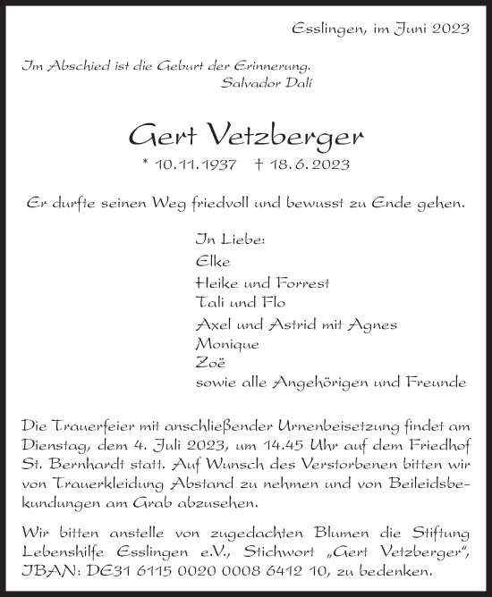 Traueranzeige von Gert Vetzberger von Eßlinger Zeitung/Cannstatter Zeitung
