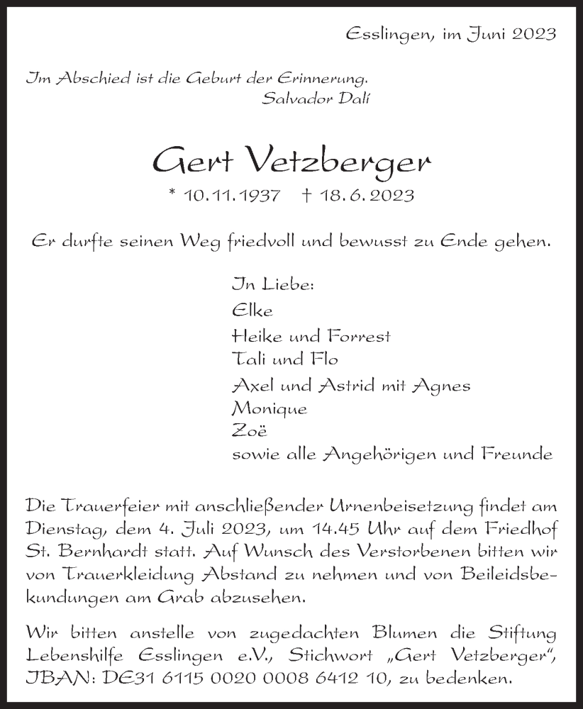  Traueranzeige für Gert Vetzberger vom 24.06.2023 aus Eßlinger Zeitung/Cannstatter Zeitung