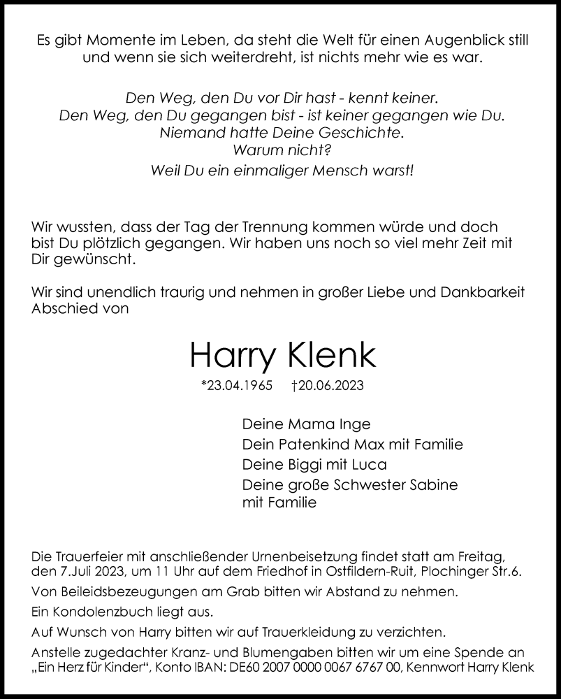  Traueranzeige für Harry Klenk vom 29.06.2023 aus Eßlinger Zeitung/Cannstatter Zeitung