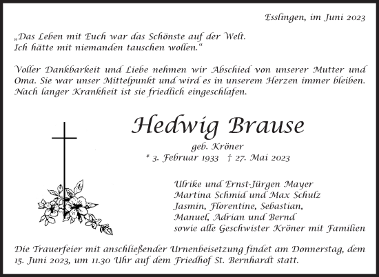 Traueranzeige von Hedwig Brause von Eßlinger Zeitung/Cannstatter Zeitung