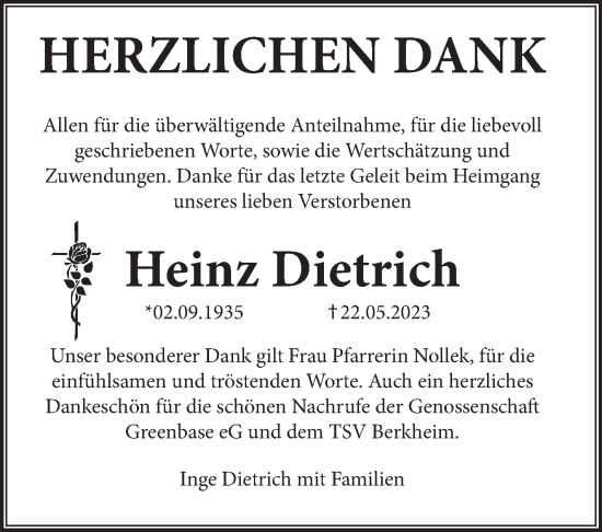 Traueranzeige von Heinz Dietrich von Eßlinger Zeitung/Cannstatter Zeitung