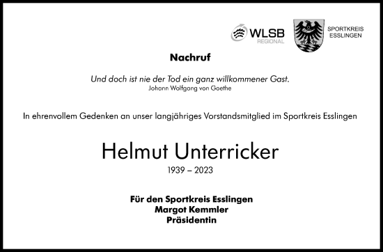 Traueranzeige von Helmut Unterricker von Eßlinger Zeitung/Cannstatter Zeitung