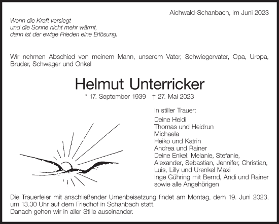 Traueranzeige von Helmut Unterricker von Eßlinger Zeitung/Cannstatter Zeitung