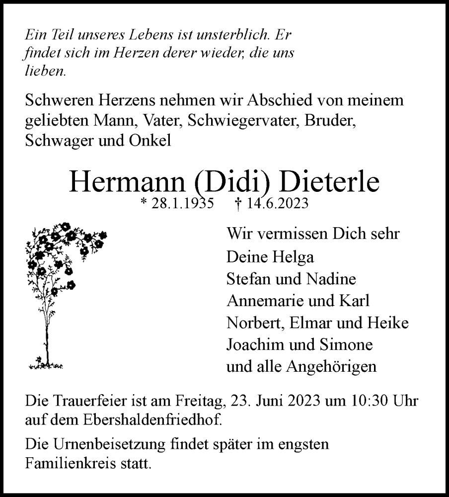  Traueranzeige für Hermann Dieterle vom 20.06.2023 aus Eßlinger Zeitung/Cannstatter Zeitung