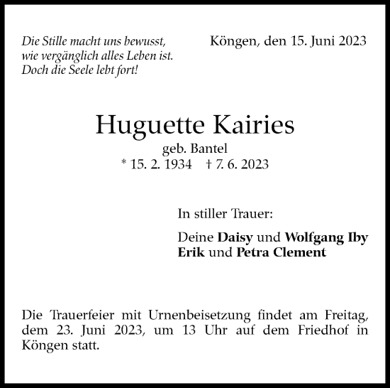 Traueranzeige von Huguette Kairies von Eßlinger Zeitung/Cannstatter Zeitung