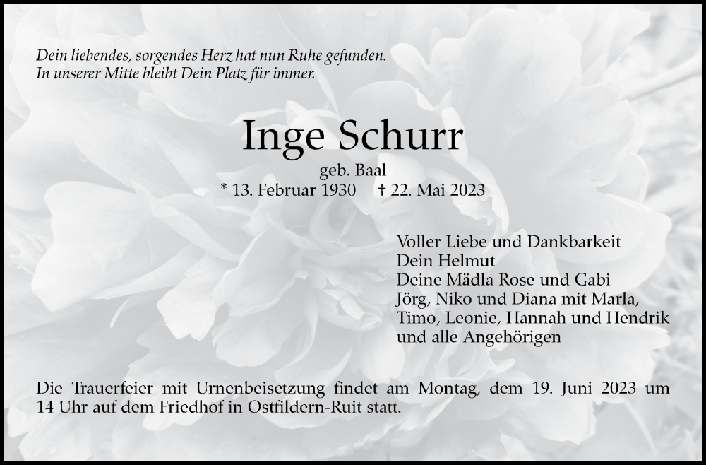  Traueranzeige für Inge Schurr vom 10.06.2023 aus Eßlinger Zeitung/Cannstatter Zeitung