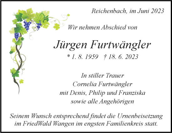 Traueranzeige von Jürgen Furtwängler von Eßlinger Zeitung/Cannstatter Zeitung