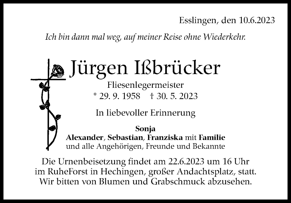  Traueranzeige für Jürgen Ißbrücker vom 10.06.2023 aus Eßlinger Zeitung/Cannstatter Zeitung