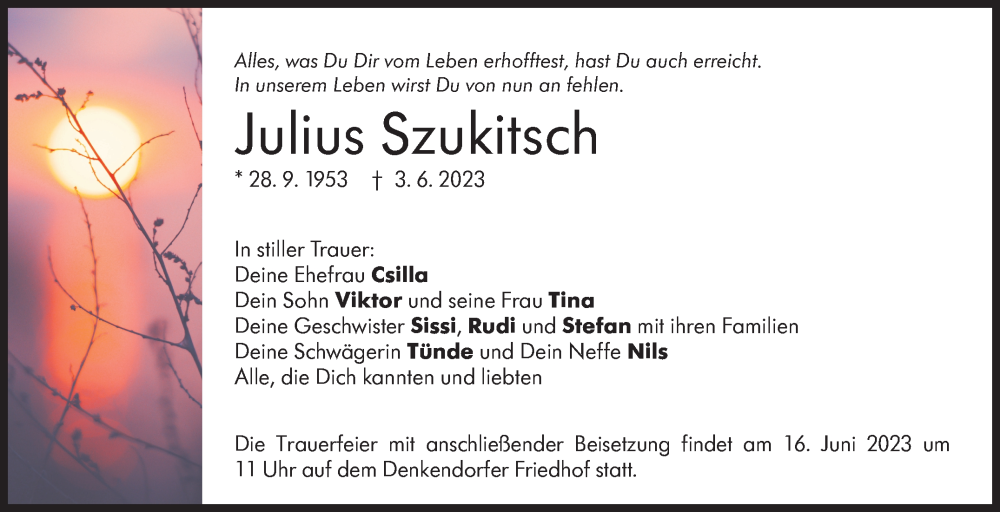  Traueranzeige für Julius Szukitsch vom 14.06.2023 aus Eßlinger Zeitung/Cannstatter Zeitung