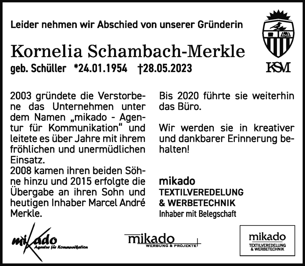  Traueranzeige für Kornelia Schambach-Merkle vom 23.06.2023 aus Eßlinger Zeitung/Cannstatter Zeitung