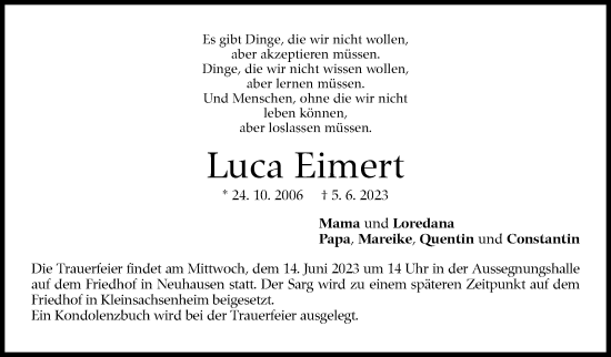 Traueranzeige von Luca Eimert von Eßlinger Zeitung/Cannstatter Zeitung