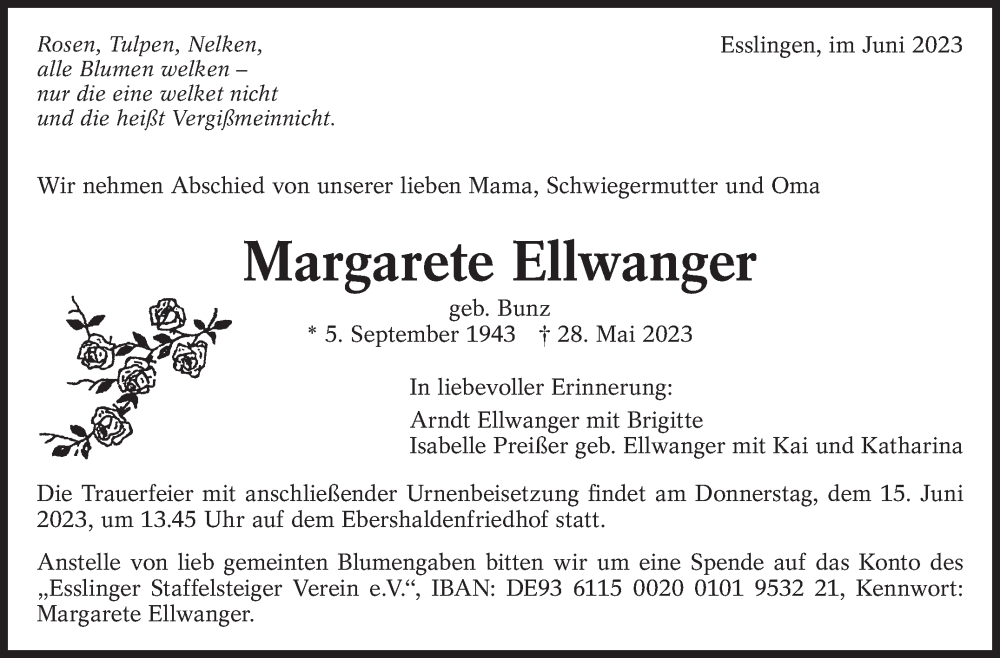  Traueranzeige für Margarete Ellwanger vom 10.06.2023 aus Eßlinger Zeitung/Cannstatter Zeitung