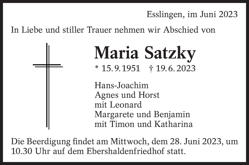  Traueranzeige für Maria Satzky vom 24.06.2023 aus Eßlinger Zeitung/Cannstatter Zeitung