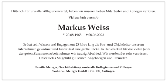 Traueranzeige von Markus Weiss von Eßlinger Zeitung/Cannstatter Zeitung