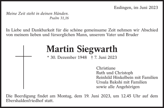 Traueranzeige von Martin Siegwarth von Eßlinger Zeitung/Cannstatter Zeitung