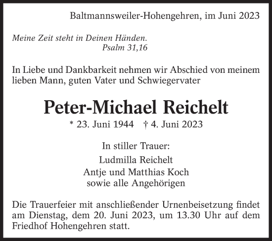 Traueranzeige von Peter-Michael Reichelt von Eßlinger Zeitung/Cannstatter Zeitung