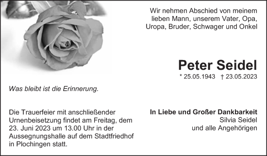 Traueranzeige von Peter Seidel von Eßlinger Zeitung/Cannstatter Zeitung