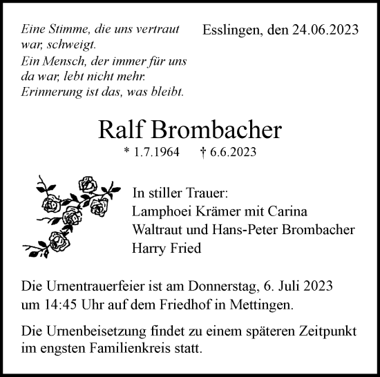 Traueranzeige von Ralf Brombacher von Eßlinger Zeitung/Cannstatter Zeitung