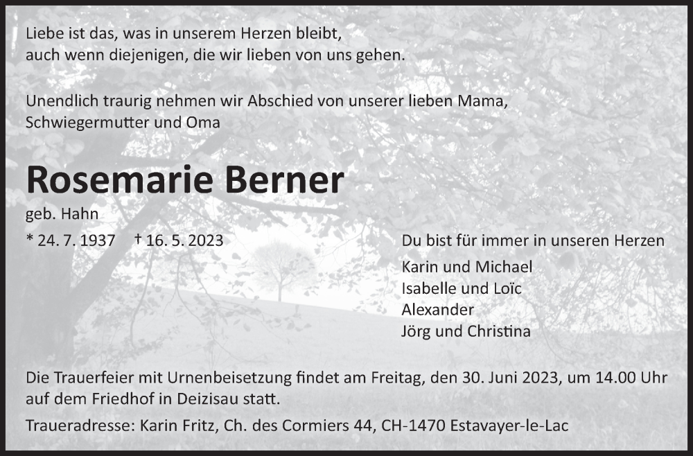  Traueranzeige für Rosemarie Berner vom 03.06.2023 aus Eßlinger Zeitung/Cannstatter Zeitung