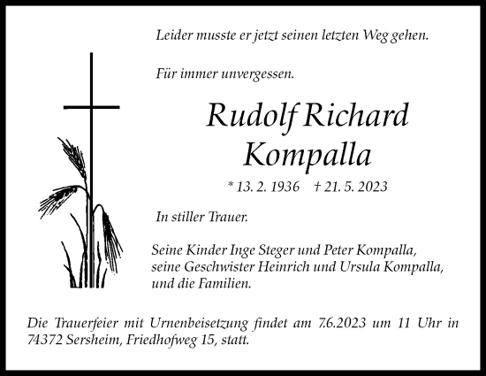 Traueranzeige von Rudolf Kompalla von Eßlinger Zeitung/Cannstatter Zeitung