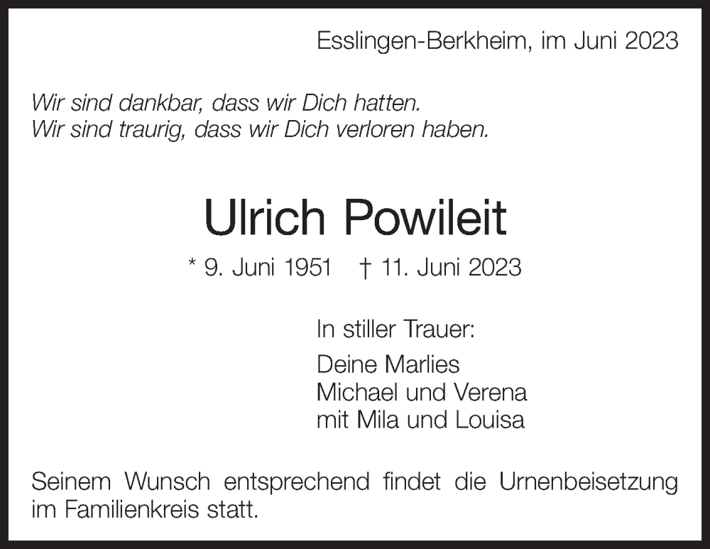  Traueranzeige für Ulrich Powileit vom 17.06.2023 aus Eßlinger Zeitung/Cannstatter Zeitung