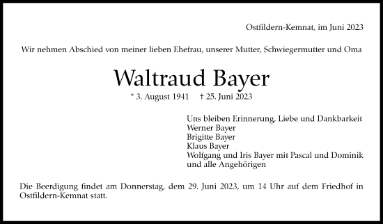 Traueranzeige von Waltraud Bayer von Eßlinger Zeitung/Cannstatter Zeitung