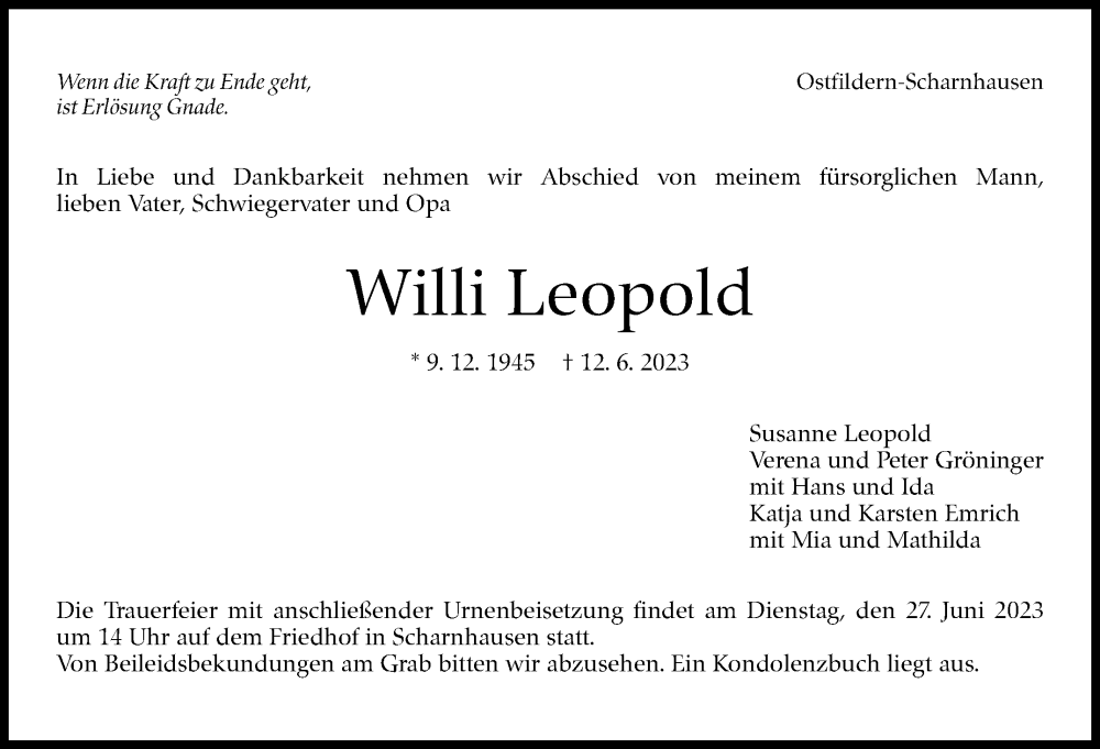  Traueranzeige für Willi Leopold vom 15.06.2023 aus Eßlinger Zeitung/Cannstatter Zeitung