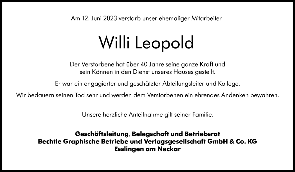  Traueranzeige für Willi Leopold vom 17.06.2023 aus Eßlinger Zeitung/Cannstatter Zeitung