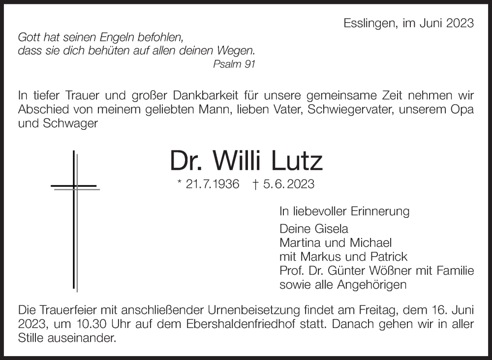  Traueranzeige für Willi Lutz vom 10.06.2023 aus Eßlinger Zeitung/Cannstatter Zeitung