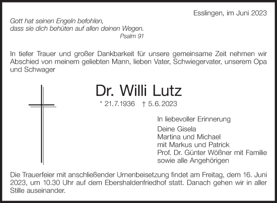 Traueranzeige von Willi Lutz von Eßlinger Zeitung/Cannstatter Zeitung