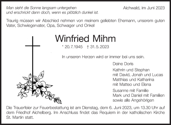 Traueranzeige von Winfried Mihm von Eßlinger Zeitung/Cannstatter Zeitung