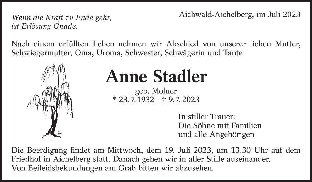  Traueranzeige für Anne Stadler vom 13.07.2023 aus Eßlinger Zeitung/Cannstatter Zeitung