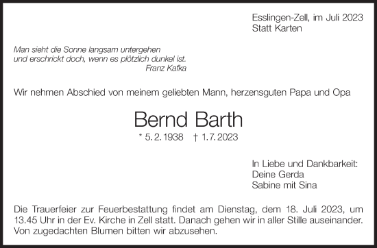 Traueranzeige von Bernd Barth von Eßlinger Zeitung/Cannstatter Zeitung