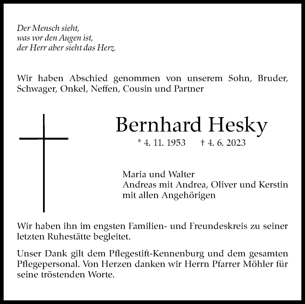  Traueranzeige für Bernhard Hesky vom 22.07.2023 aus Eßlinger Zeitung/Cannstatter Zeitung