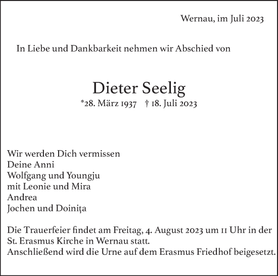 Traueranzeige von Dieter Seelig von Eßlinger Zeitung/Cannstatter Zeitung