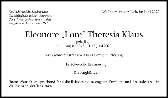 Traueranzeige von Eleonore Theresia Klaus von Eßlinger Zeitung/Cannstatter Zeitung