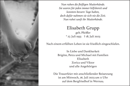Traueranzeige von Elisabeth Grupp von Eßlinger Zeitung/Cannstatter Zeitung