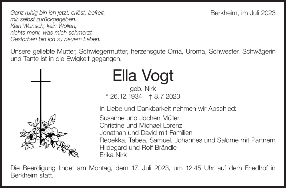  Traueranzeige für Ella Vogt vom 13.07.2023 aus Eßlinger Zeitung/Cannstatter Zeitung