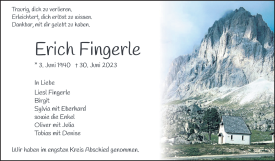 Traueranzeige von Erich Fingerle von Eßlinger Zeitung/Cannstatter Zeitung