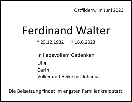 Traueranzeige von Ferdinand Walter von Eßlinger Zeitung/Cannstatter Zeitung