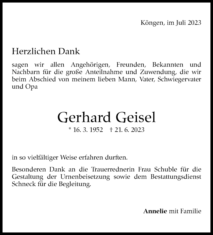  Traueranzeige für Gerhard Geisel vom 29.07.2023 aus Eßlinger Zeitung/Cannstatter Zeitung