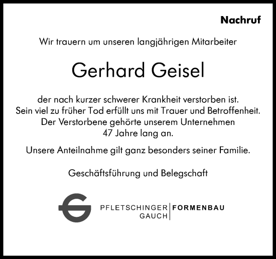 Traueranzeige von Gerhard Geisel von Eßlinger Zeitung/Cannstatter Zeitung