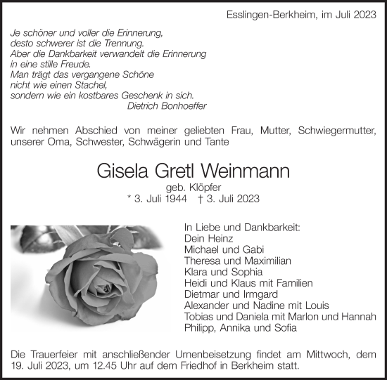 Traueranzeige von Gisela Gretl Weinmann von Eßlinger Zeitung/Cannstatter Zeitung