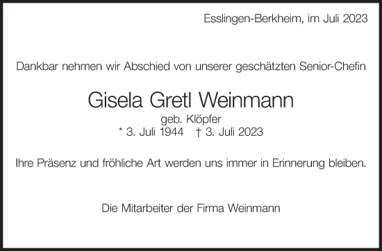 Traueranzeige von Gisela Gretl Weinmann von Eßlinger Zeitung/Cannstatter Zeitung